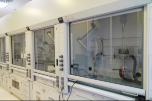 Section of R&D facility in Polpharma Starogard Gdanski. Part of a 1000 sq m facility, comprising 10 labs with 30 fume hoods equipped with state-of-the-art instruments to support chemical and analytical development projects.